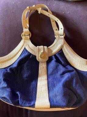 Brahmin Luxury Leather Blue with Cream Croc Trim Boho Shoulder Handbag